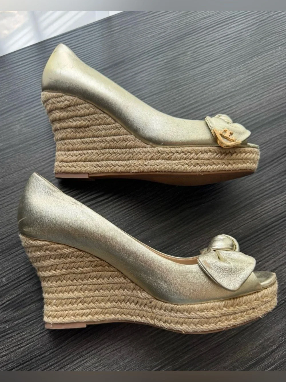 Tory Burch Metallic Gold Espadrille Wedges Size 6